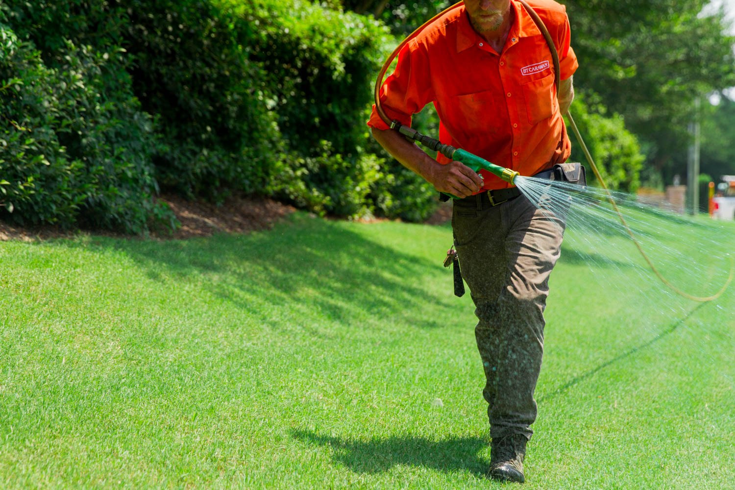 BT Carawan team member tending a lawn with a hose